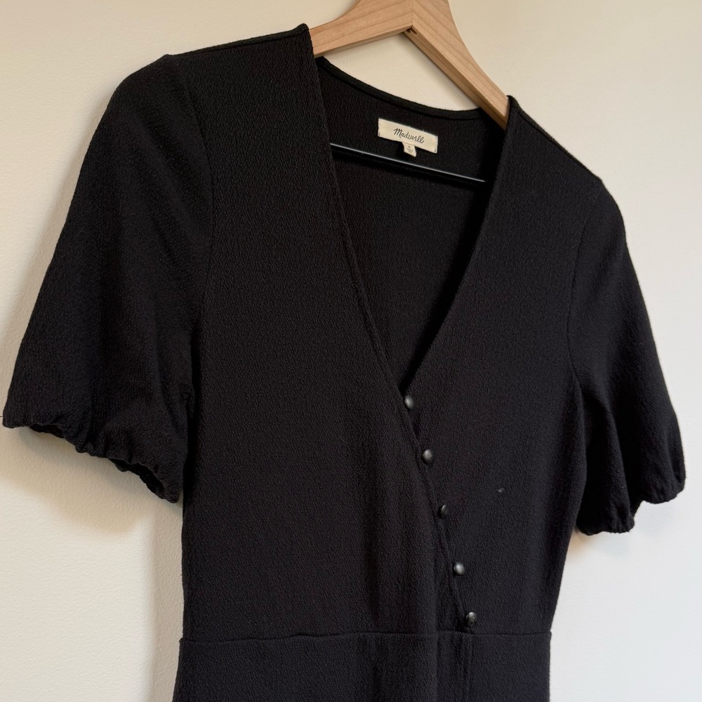 Madewell Black Midi V-Neck Dress with Button Trim